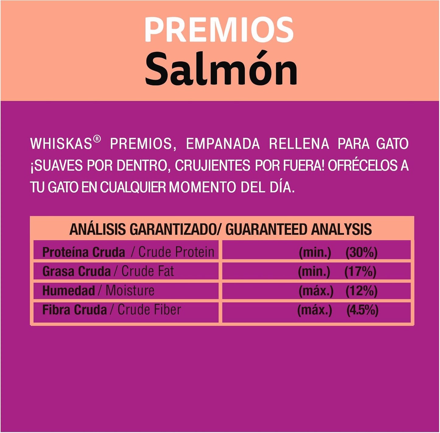 WHISKAS - Premios para Gato Sabor Salmón, Suaves y Crujientes, Vitamintas, Minerales y Proteína, Pack de 12, 60gr c/u