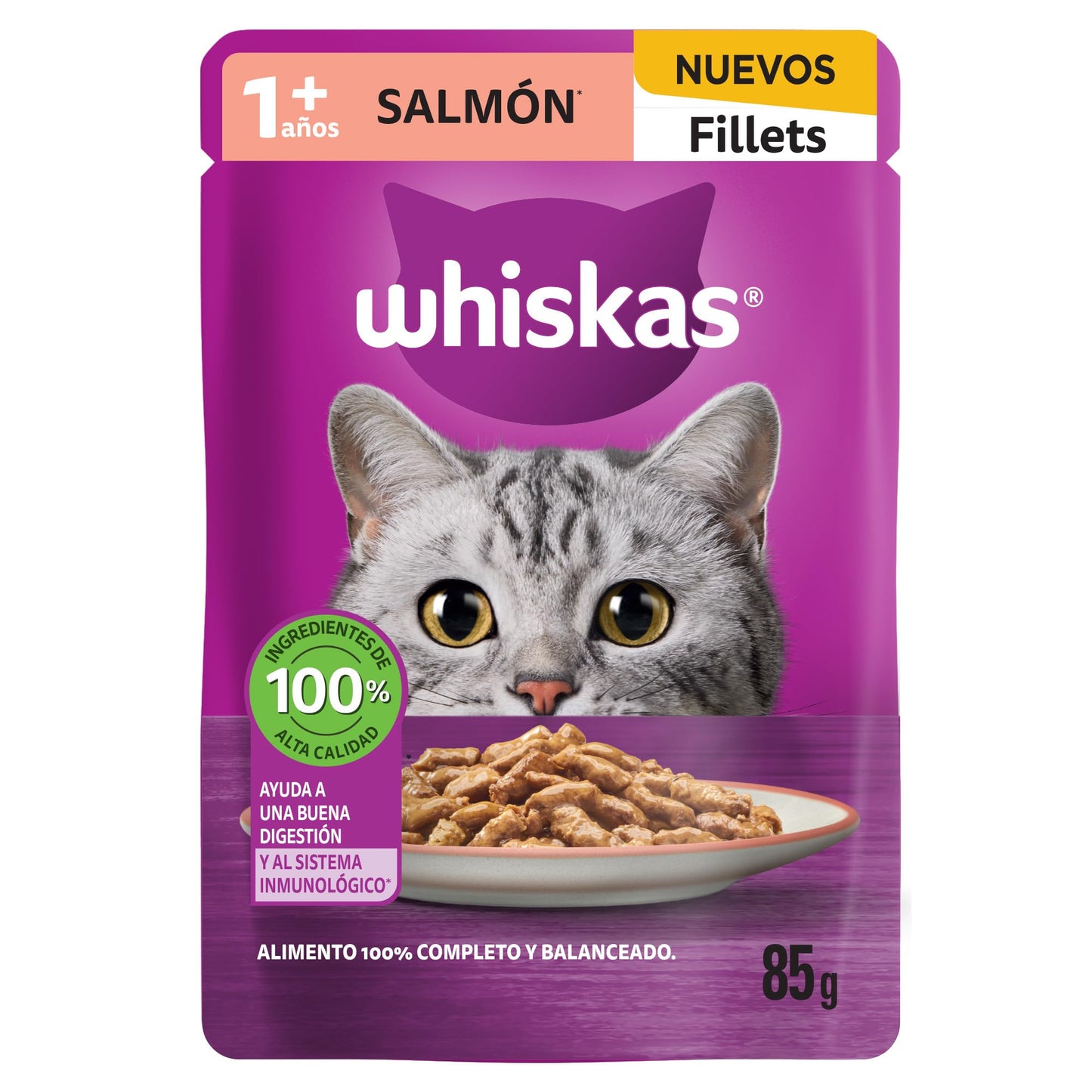 Whiskas - Alimento Húmedo para Gatos, Sabor Parrillada Mixta, con Ingredientes Naturales, Calcio, Minerales, Vitamina A y Taurina, 24 Sobres, 85g c/u.