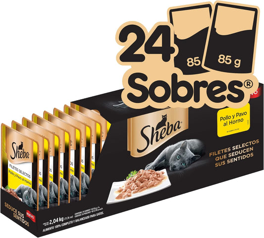 Sheba - Alimento Húmedo para Gatos Adultos, Sabor Pavo y Pollo Al Horno, Paquete de 24 Unidades, 85g c/u.