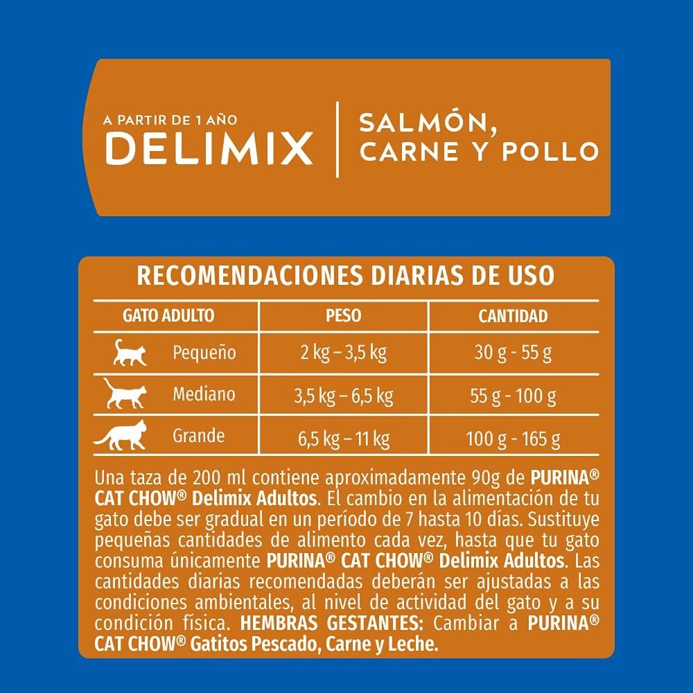 Purina Cat Chow Adulto Delimix Todos los Tamaños Sabor Salmón, Carne y Pollo 15Kg