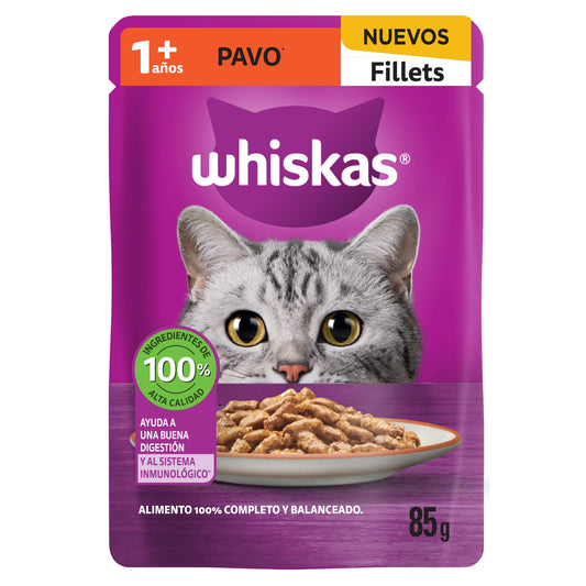 WHISKAS - Alimento Húmedo para Gatos, Sabor Salmón, con Ingredientes Naturales, Calcio, Minerales, Vitamina A y Taurina, 24 Sobres, 85g c/u.