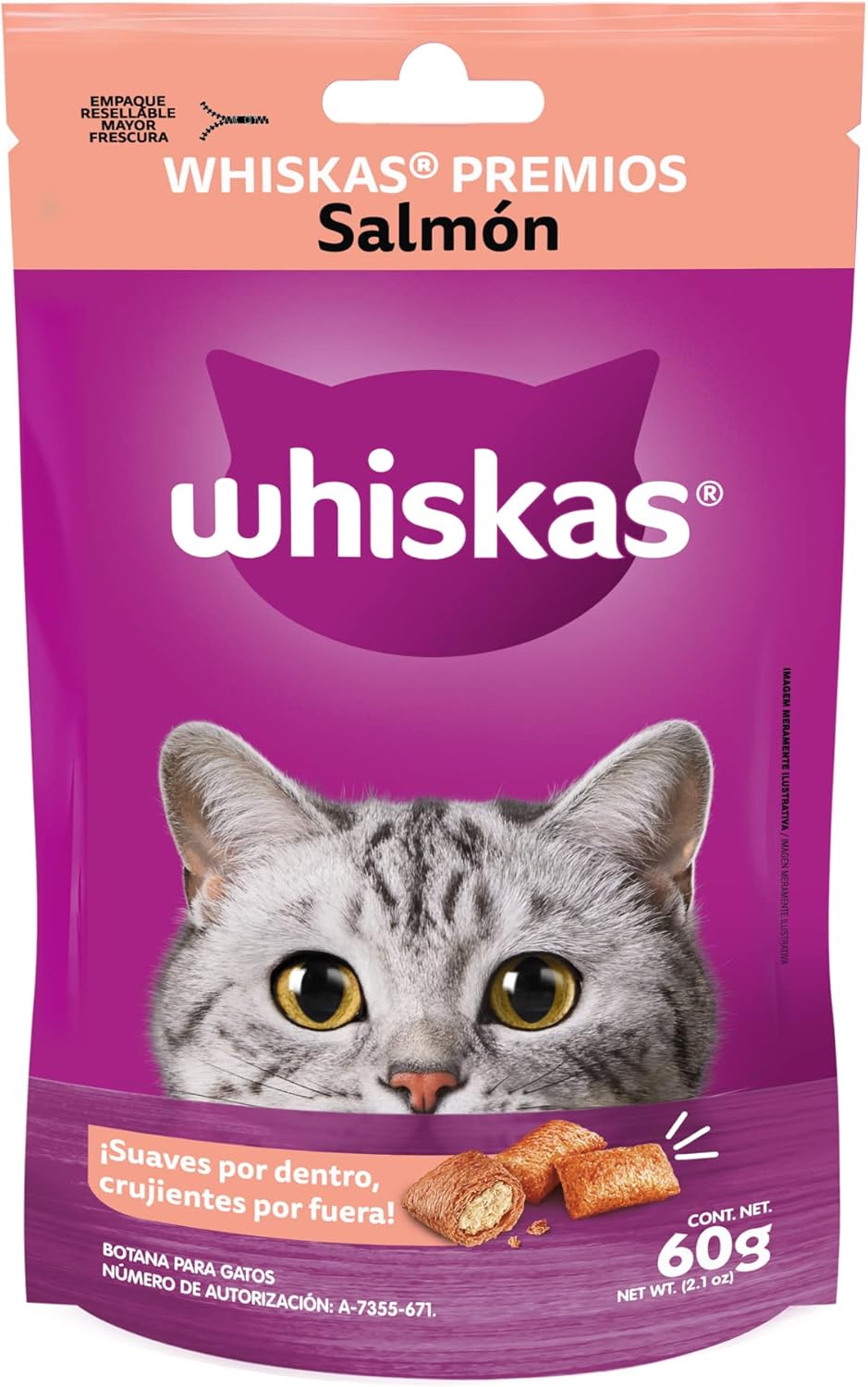 WHISKAS - Premios para Gato Sabor Salmón, Suaves y Crujientes, Vitamintas, Minerales y Proteína, Pack de 12, 60gr c/u