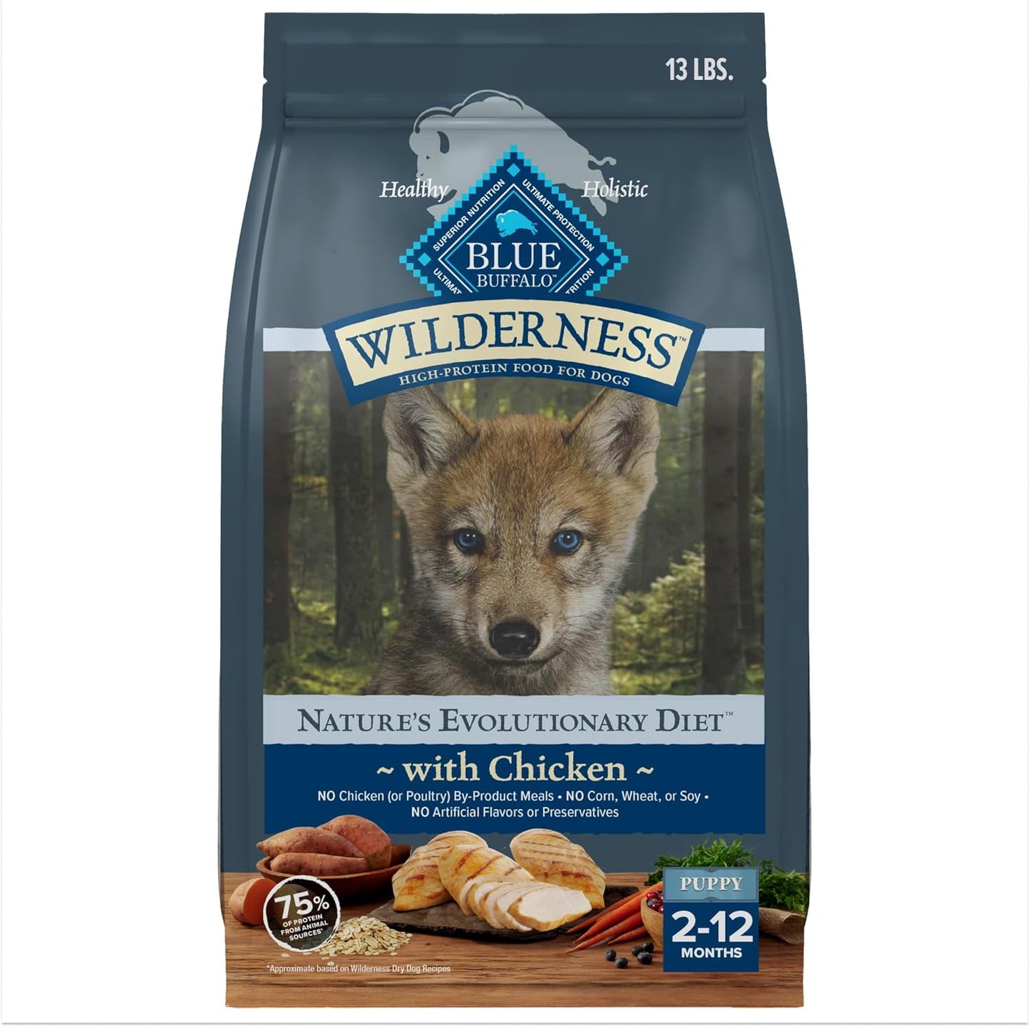 Blue Buffalo Wilderness High Protein Natural Puppy Dry Dog Food Plus Wholesome Grains, Chicken 13 lb Bag