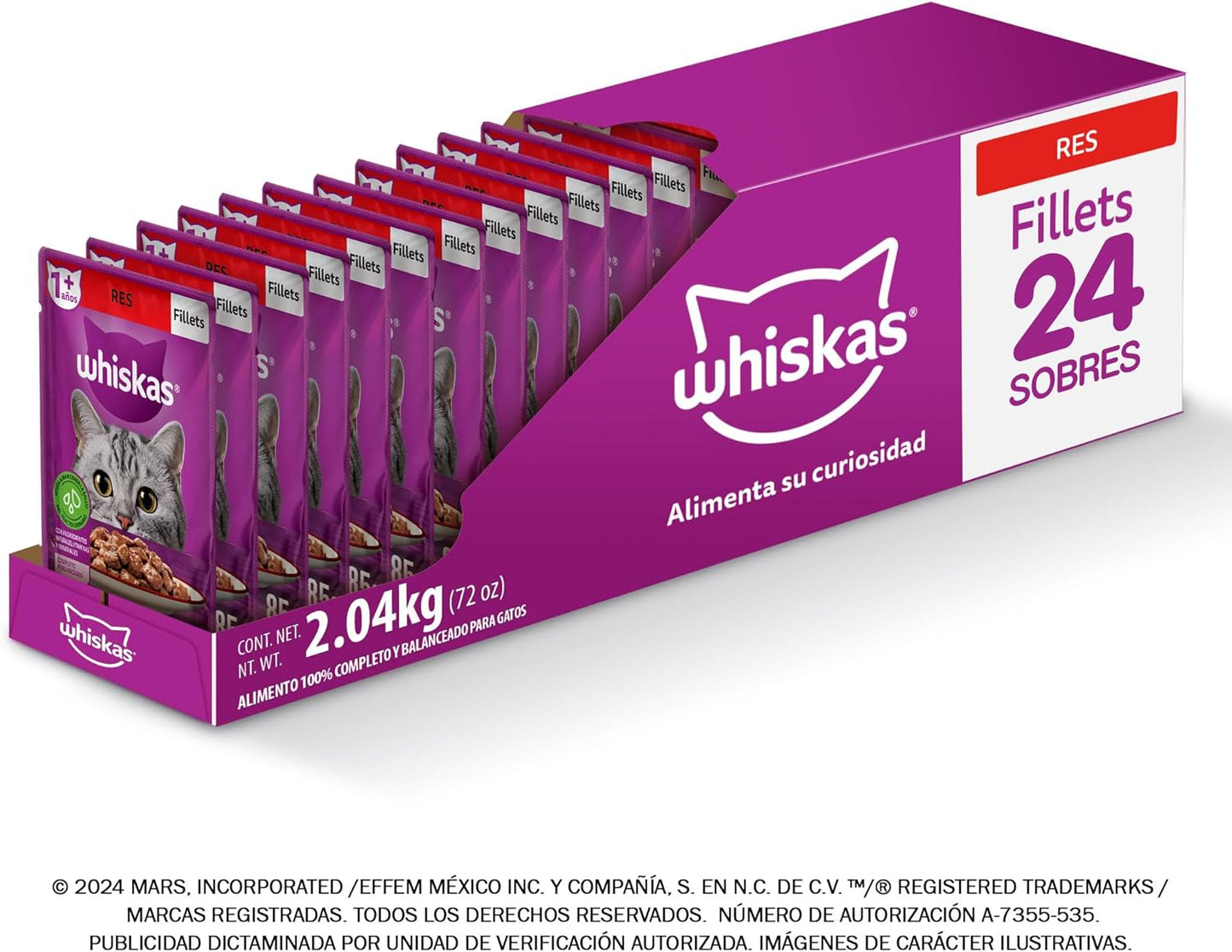 Whiskas - Alimento Húmedo para Gatos, Sabor Res, con Ingredientes Naturales, Vitaminas y Minerales, Paquete de 24 Sobres, 85g c/u.