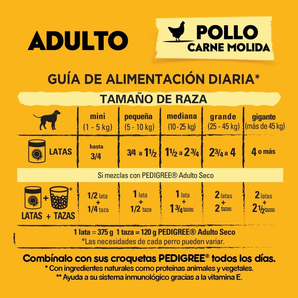 PEDIGREE Alimento para Perros Adultos, Sabor Pollo Carne Molida 375 Gr, Paquete De 24 Latas