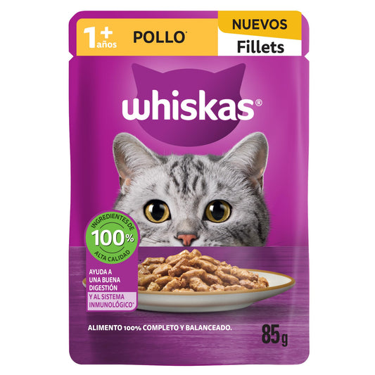 Whiskas - Alimento Húmedo para Gatos, Sabor Parrillada Mixta, con Ingredientes Naturales, Calcio, Minerales, Vitamina A y Taurina, 24 Sobres, 85g c/u.