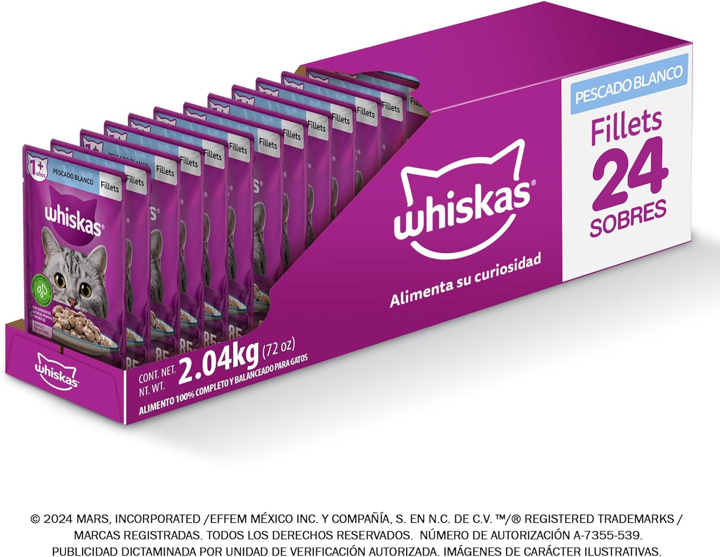WHISKAS - Alimento Húmedo para Gatos, Sabor Filete de Pescado Blanco, con Ingredientes Naturales, Calcio, Minerales, Vitamina A y Taurina, 85g c/u. Paquete de 24 Unidades