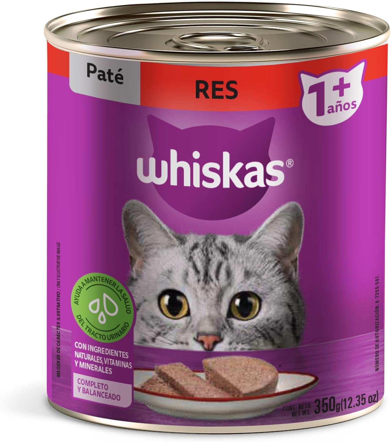 Whiskas Alimento para Gato Adulto en Lata, Sabor Res, Paquete de 24 Piezas, 350g c/u