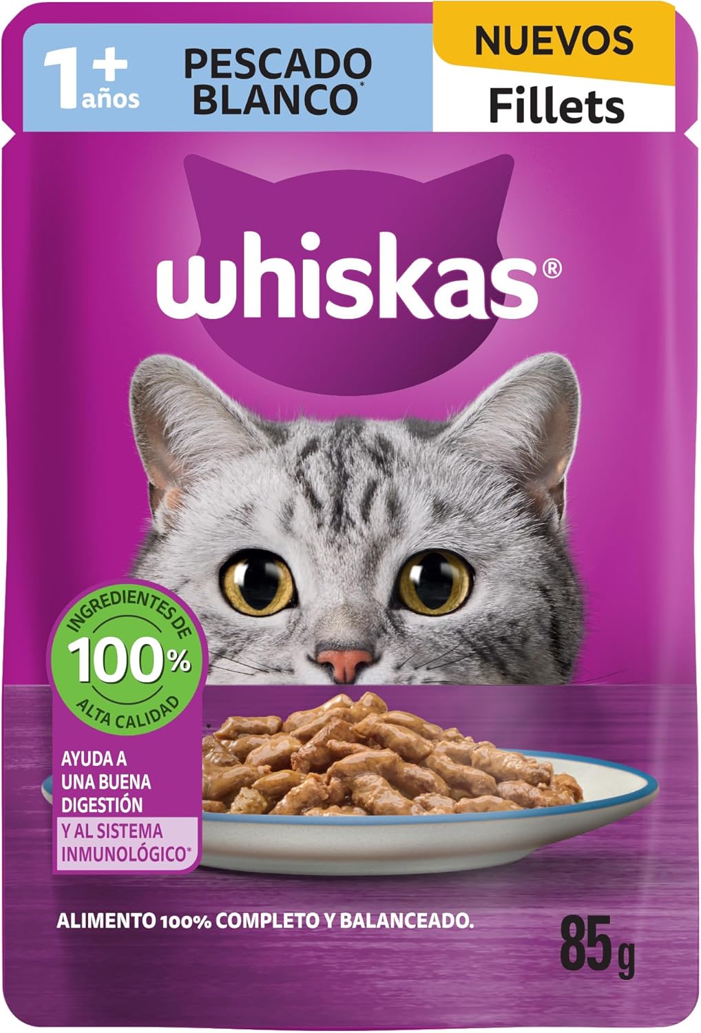 WHISKAS - Alimento Húmedo para Gatos, Sabor Filete de Pescado Blanco, con Ingredientes Naturales, Calcio, Minerales, Vitamina A y Taurina, 85g c/u. Paquete de 24 Unidades