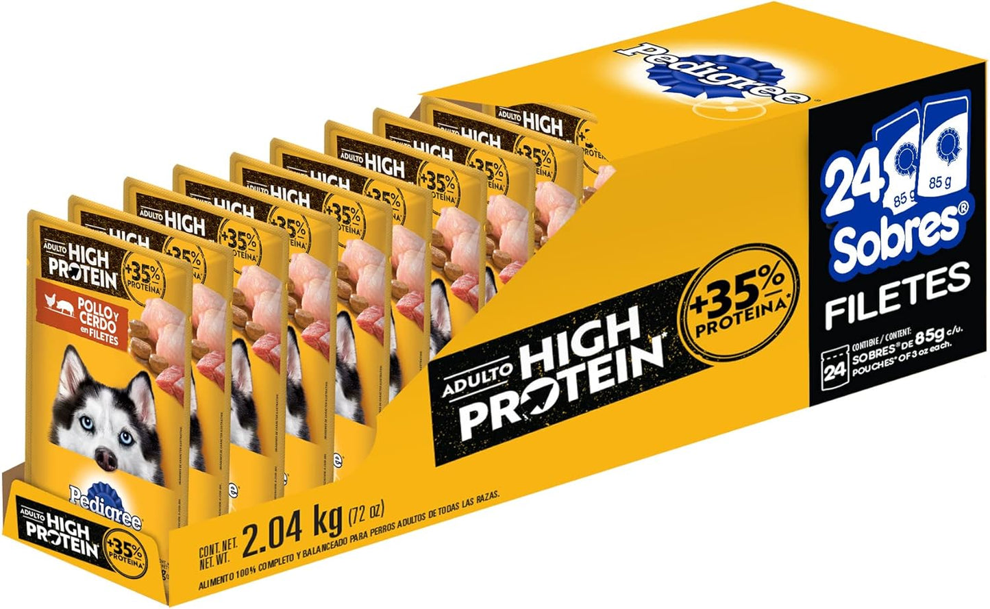 Pedigree - Sobres para Perro High Protein, Adultos Sabor Pollo y Cerdo, Omega 6, Zinc, 24 Sobres 85g c/u