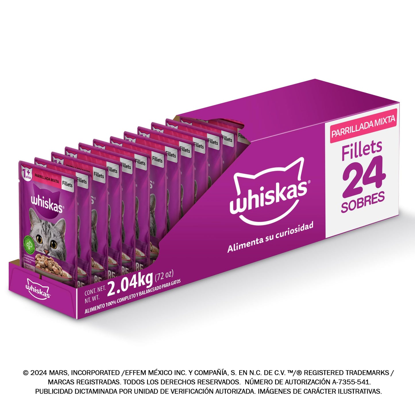 WHISKAS - Alimento Húmedo para Gatos, Sabor Salmón, con Ingredientes Naturales, Calcio, Minerales, Vitamina A y Taurina, 24 Sobres, 85g c/u.