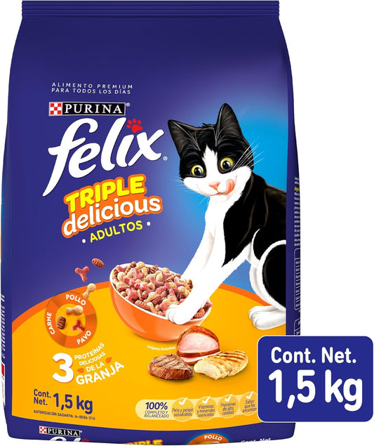 Purina Felix Adulto Todos los Tamaños Triple Delicious Granja Sabor Pollo, Pavo y Carne 1.5Kg