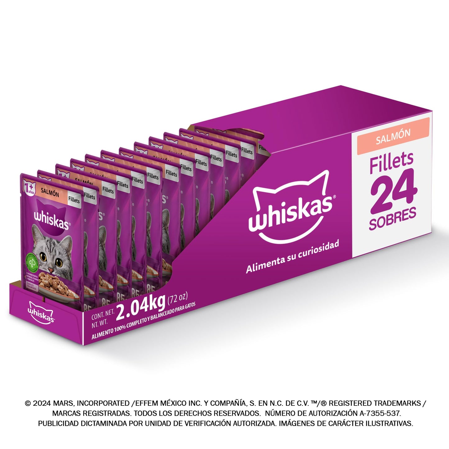 WHISKAS - Alimento Húmedo para Gatos, Sabor Salmón, con Ingredientes Naturales, Calcio, Minerales, Vitamina A y Taurina, 24 Sobres, 85g c/u.
