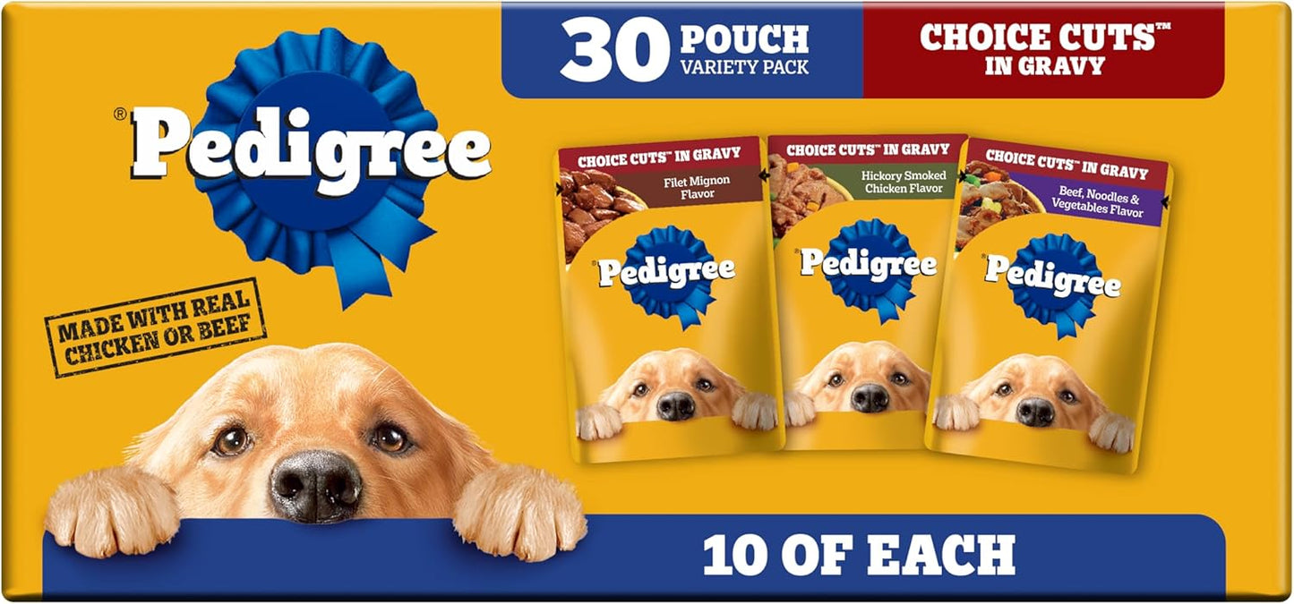 Pedigree Choice Cuts Sobres para Perro Adulto Sabores: Filet Mignon, Beef, Noodles & Vegetables, Hickory Smoked Chicken 30 Piezas 100g c/u