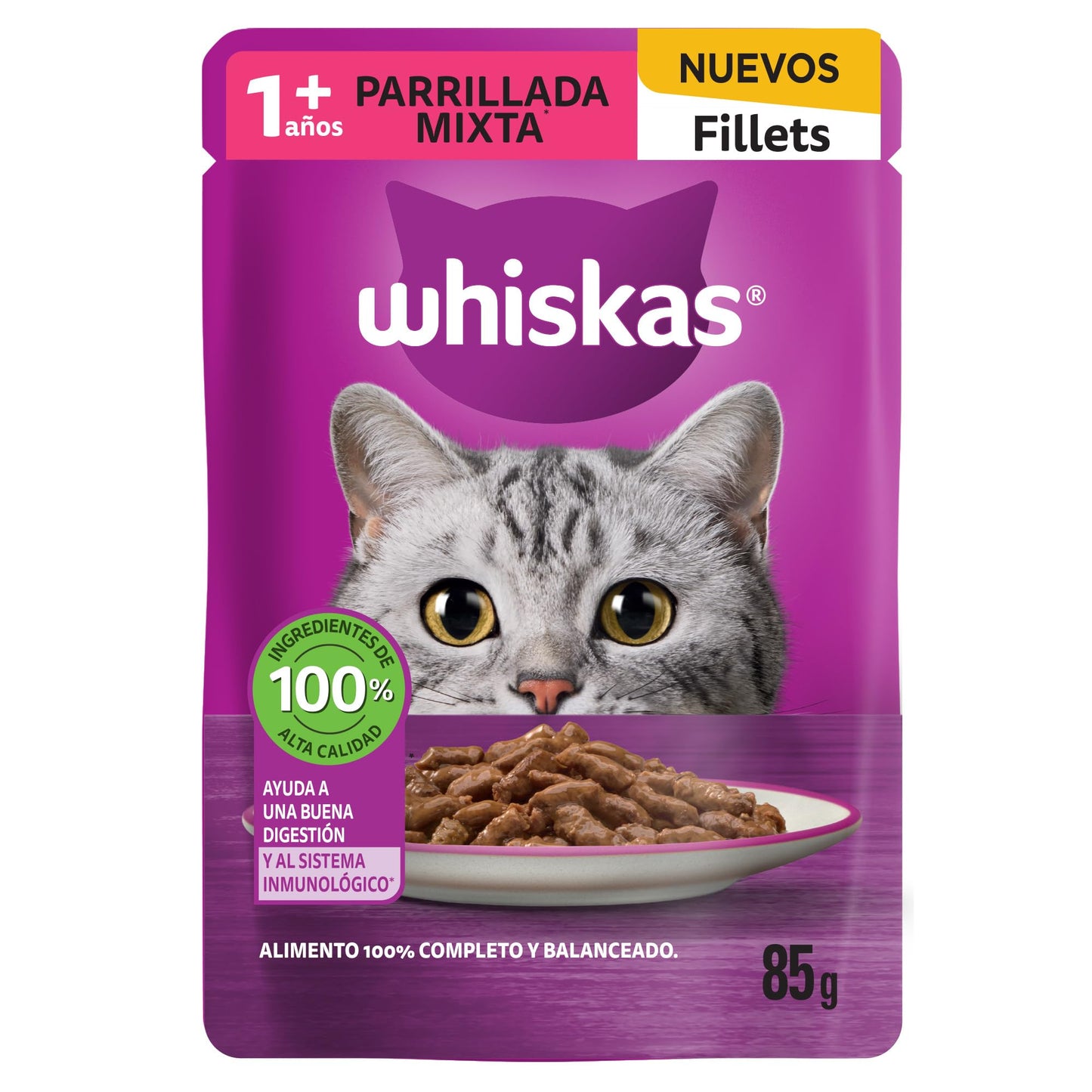 WHISKAS - Alimento Húmedo para Gatos, Sabor Salmón, con Ingredientes Naturales, Calcio, Minerales, Vitamina A y Taurina, 24 Sobres, 85g c/u.