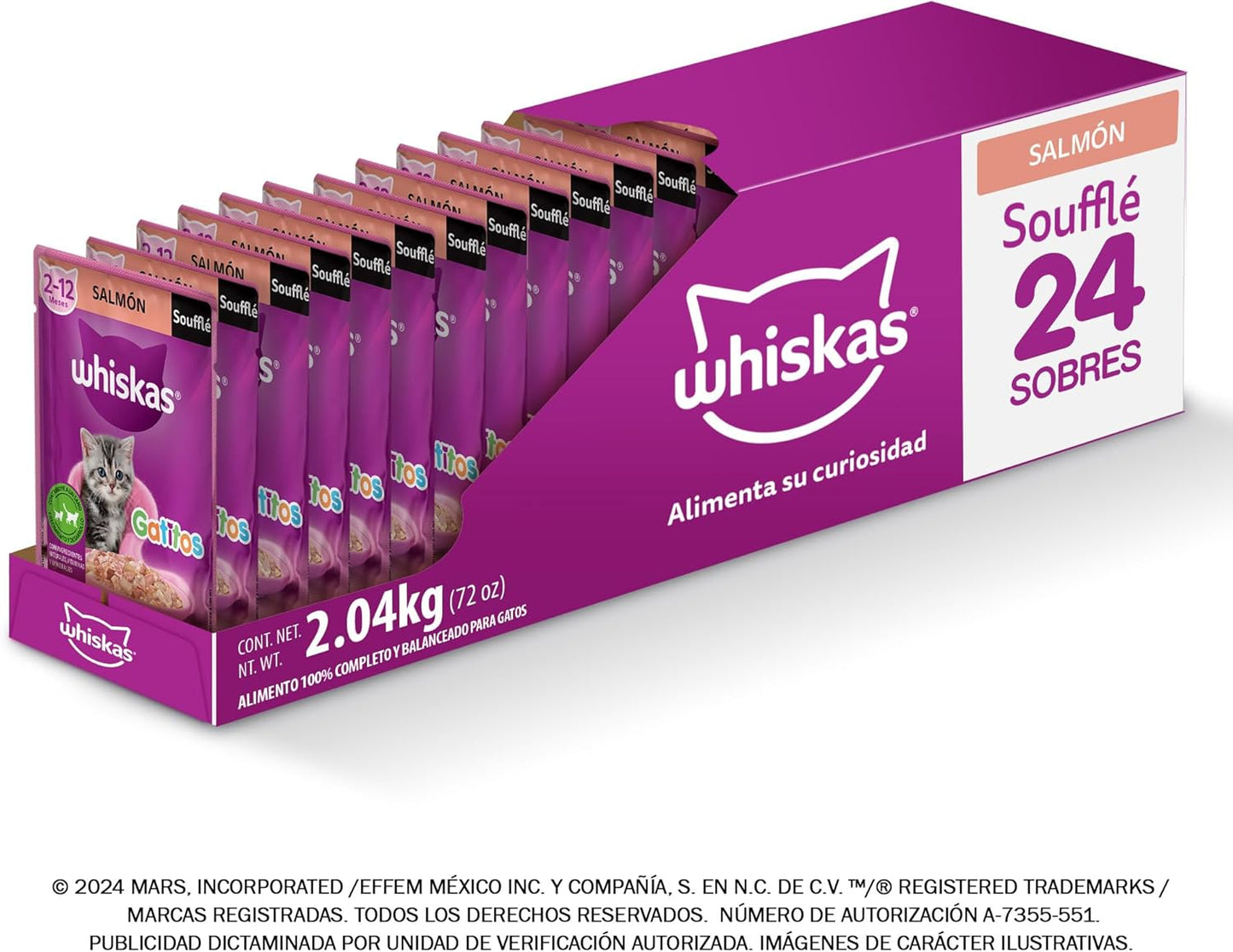 WHISKAS - Alimento Húmedo para Gatitos, Sabor a Soufflé de Salmón, 24 Sobres para Gato, 85 gr., c/u