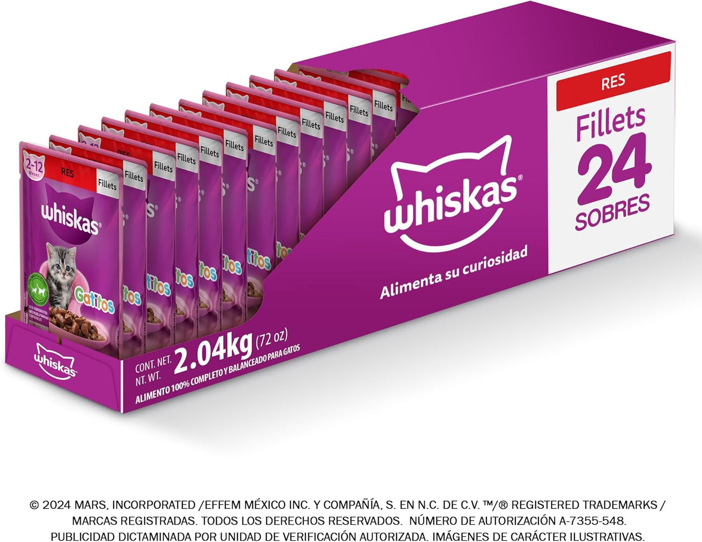 Whiskas Alimento Húmedo para Gatitos, Sabor Res, 85g c/u. Paquete de 24 Unidades