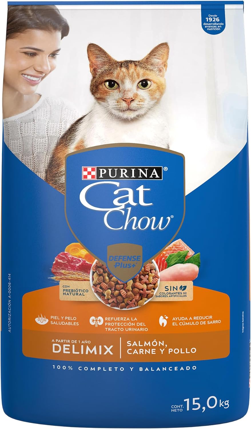 Purina Cat Chow Adulto Delimix Todos los Tamaños Sabor Salmón, Carne y Pollo 15Kg