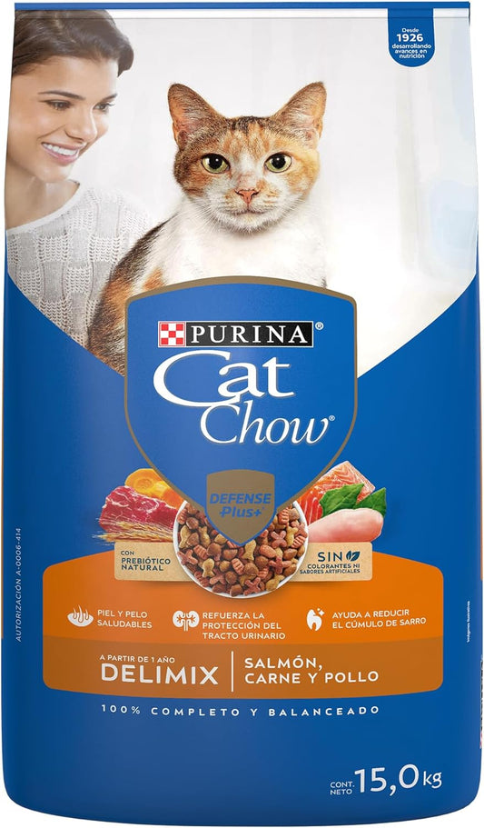 Purina Cat Chow Adulto Delimix Todos los Tamaños Sabor Salmón, Carne y Pollo 15Kg
