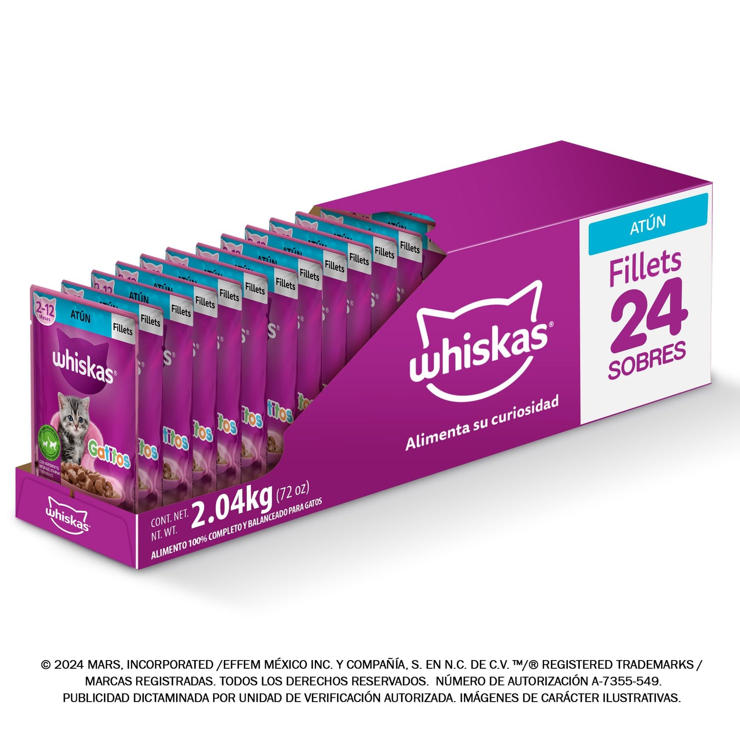 WHISKAS - Alimento Húmedo para Gatitos, Sabor Atún, con Proteína, Zinc, Vitamina E y Fibra, 24 Sobres para Gato, 85 gr. c/u
