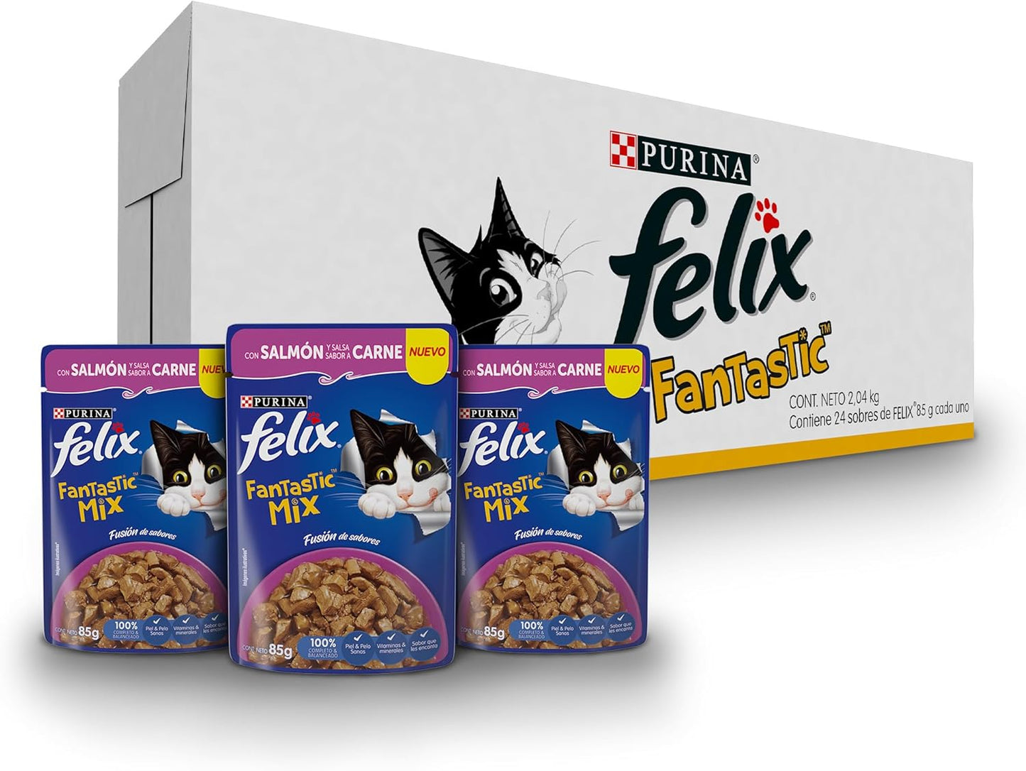Purina Felix Fantastic Mix Adulto Todos los Tamaños Sabor Salmón con Salsa Sabor Carne 24pack de 85g
