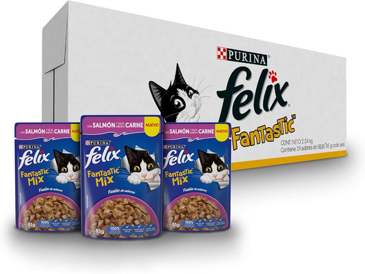 Purina Felix Fantastic Mix Adulto Todos los Tamaños Sabor Salmón con Salsa Sabor Carne 24pack de 85g