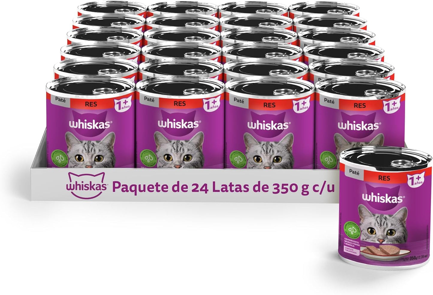 Whiskas Alimento para Gato Adulto en Lata, Sabor Res, Paquete de 24 Piezas, 350g c/u