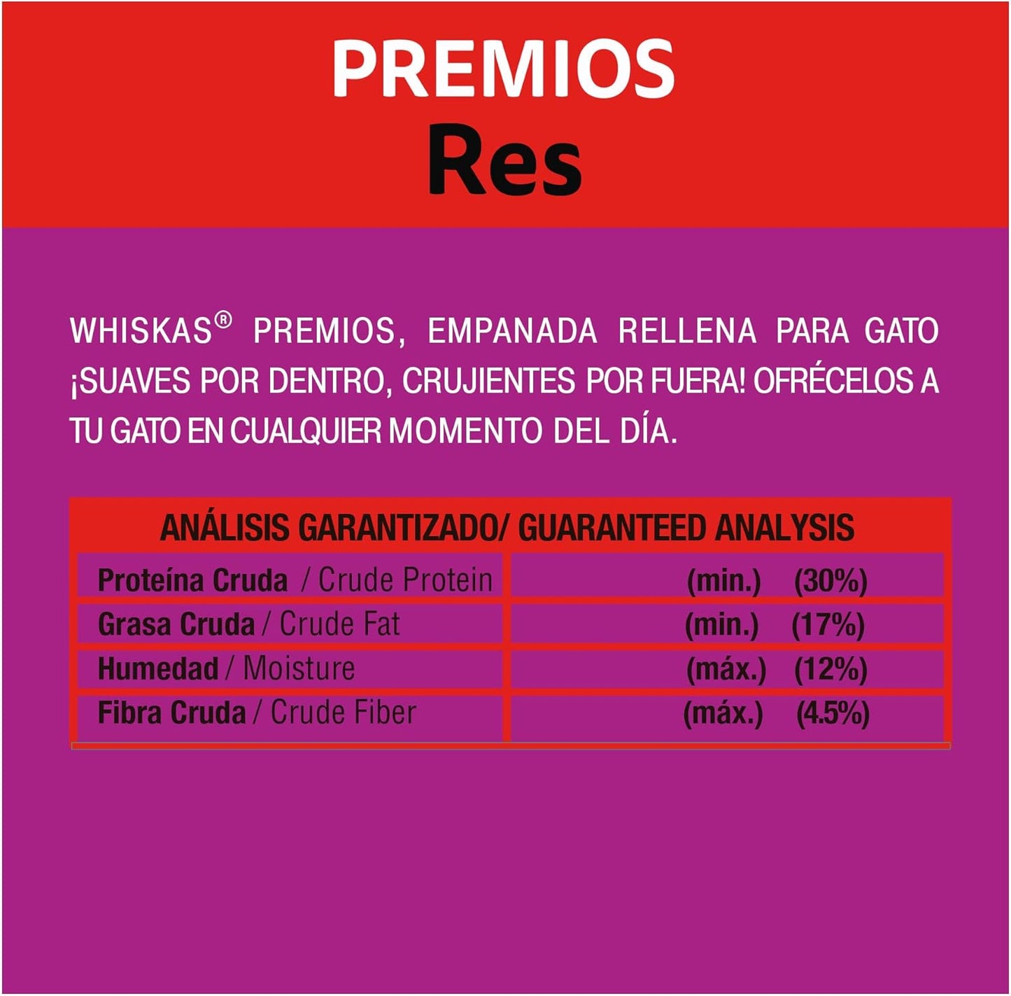 WHISKAS - Premios para Gato Sabor Res, Suaves y Crujientes, Vitaminas, Minerales y Proteína, Pack de 12, 60gr c/u