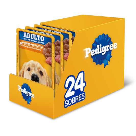 Pedigree - Sobres para Perro, Sabor Cordero en Filetes, con Ingredientes Naturales, Proteínas y Fibra, 24 Sobres, 100g c/u