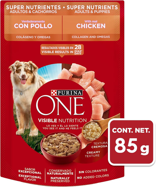 Purina One Adulto y Cachorro Todos los Tamaños Super Nutrientes Sabor Pollo 24pack de 85g