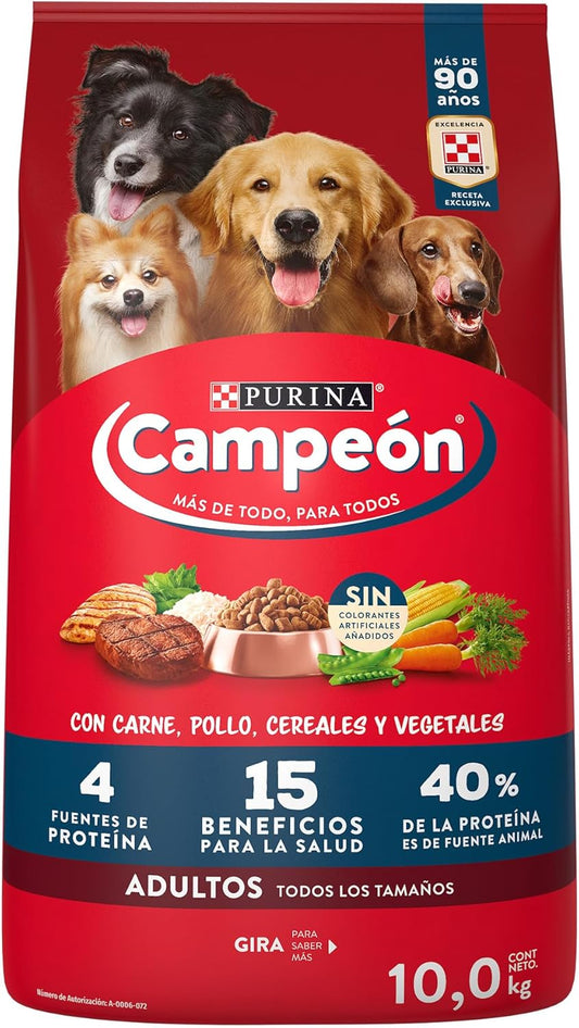 Purina Campeón Adulto Todos los Tamaños Sabor Pollo, Carne y Vegetales 10Kg