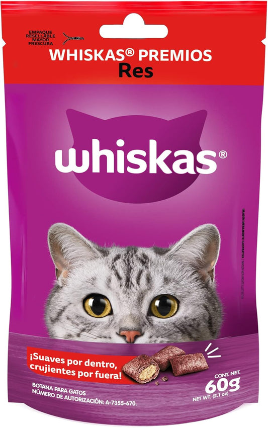 WHISKAS - Premios para Gato Sabor Res, Suaves y Crujientes, Vitaminas, Minerales y Proteína, Pack de 12, 60gr c/u