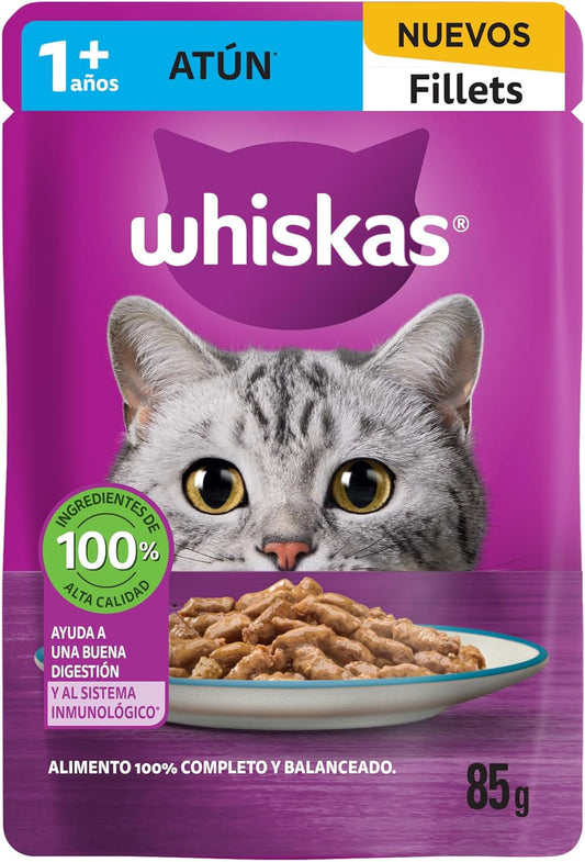 Whiskas Alimento Húmedo para Gatos, sabor Filetes De Atún 85g c/u. Paquete de 24 unidades