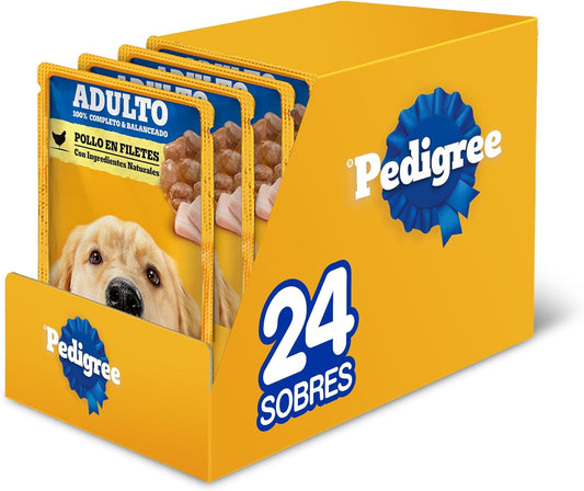 Pedigree - Alimento Húmedo para Perro Adulto, Pollo En Filetes, 24 Sobres, con Proteína, Antioxidantes y Vitamina E