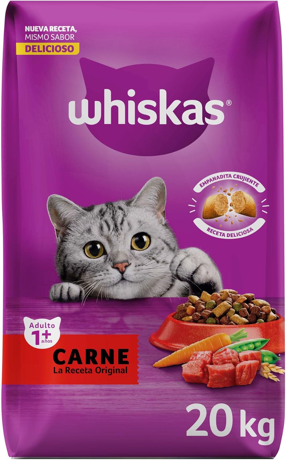 WHISKAS - Croquetas para Gatos Adultos, Sabor Carne, Omega 6 y Aminoácidos, Paquete de 20Kg