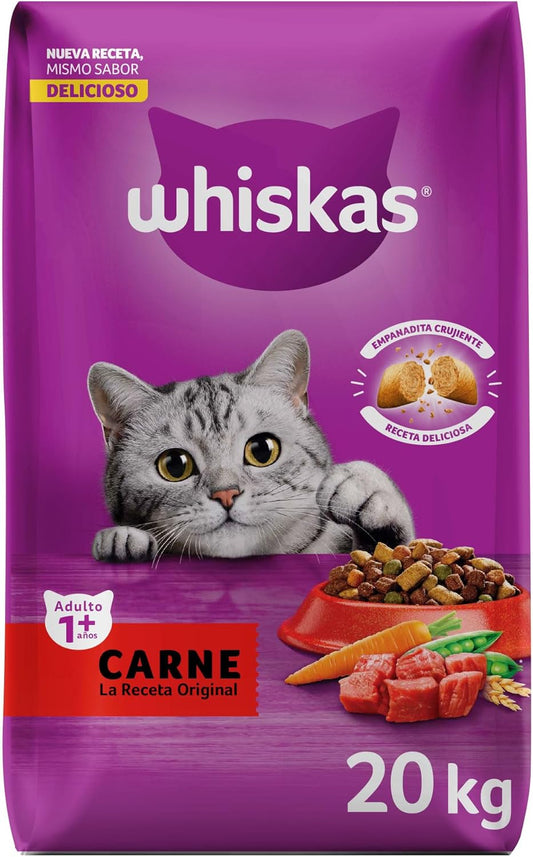 WHISKAS - Croquetas para Gatos Adultos, Sabor Carne, Omega 6 y Aminoácidos, Paquete de 20Kg