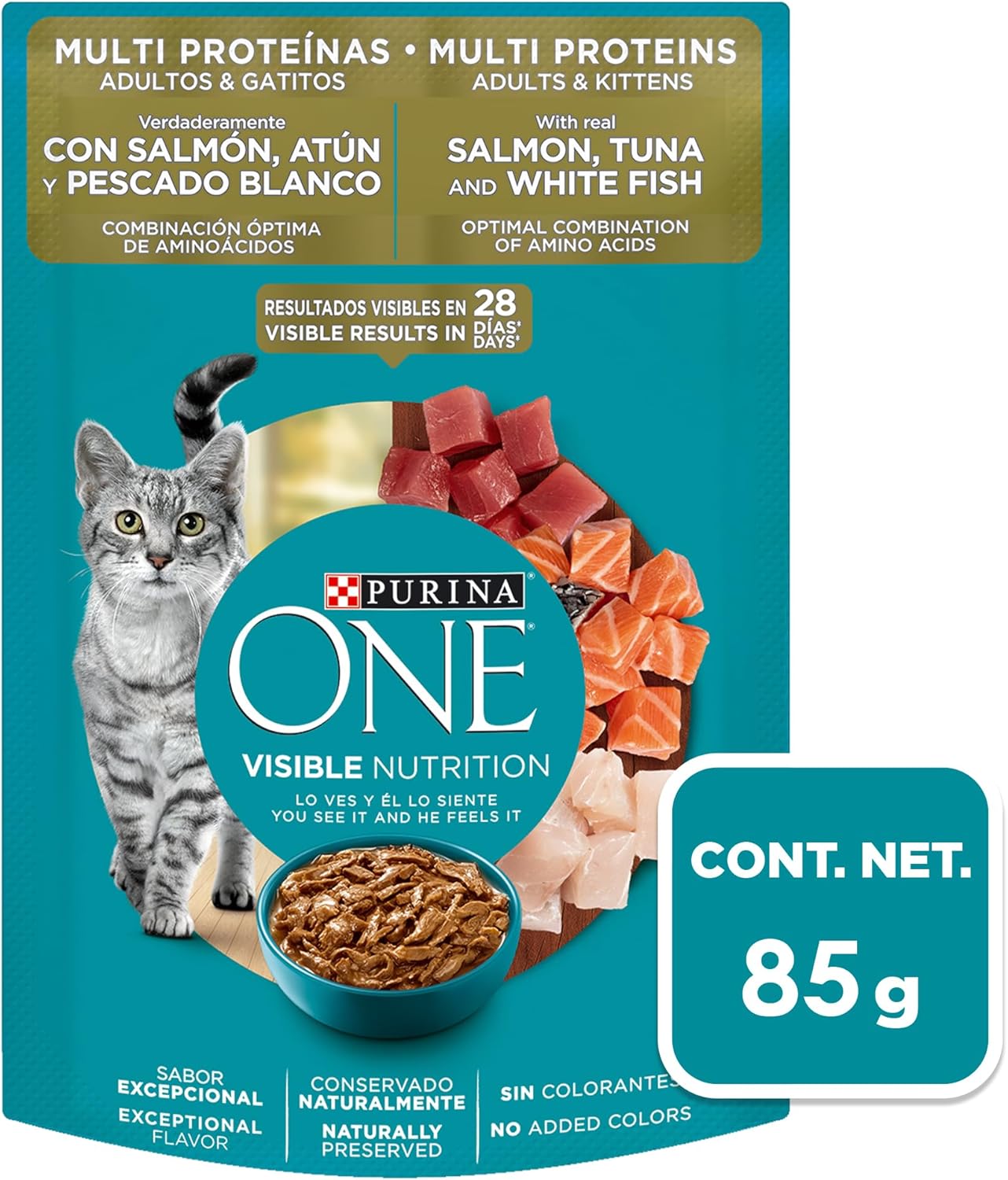 Purina One Gato Adulto Todos los Tamaños Multi Proteinas Sabor Salmón, Atún y Pescado 24pack de 85g