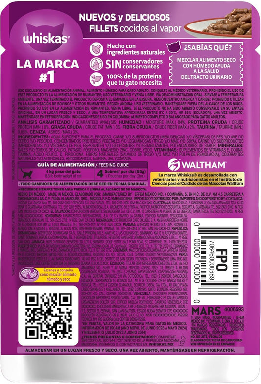 Whiskas - Alimento Húmedo para Gatos, Sabor Res, con Ingredientes Naturales, Vitaminas y Minerales, Paquete de 24 Sobres, 85g c/u.