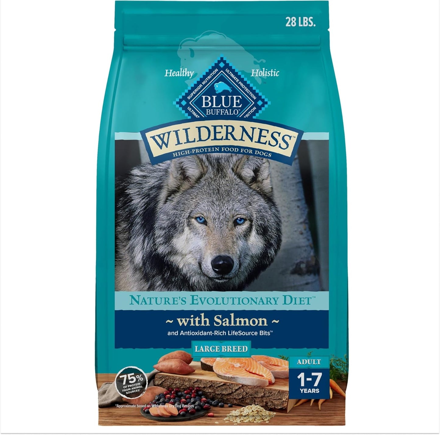 Blue Buffalo Wilderness High Protein Natural Large Breed Adult Dry Dog Food Plus Wholesome Grains, Salmon 28 LB Bag