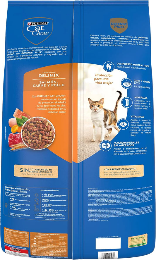Purina Cat Chow Adulto Delimix Todos los Tamaños Sabor Salmón, Carne y Pollo 15Kg