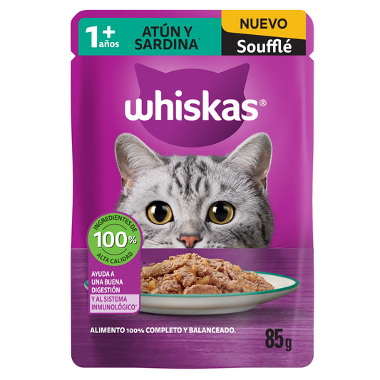 Whiskas Alimento Húmedo para Gatos Adultos, Sabor Soufflé Atún y Sardina 85g c/u. Paquete de 24 Unidades