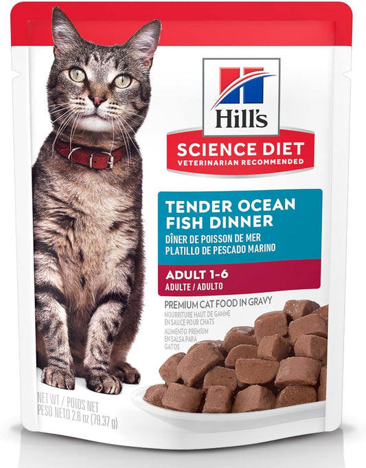 Hill's Science Diet Adult, Alimento Húmedo En Pouch para Gatos Adultos, Platillo De Pescado Marino, 24 Pack C/U 79 G