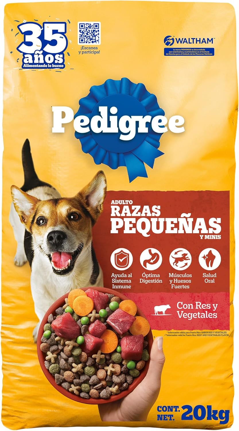 Pedigree - Croquetas para Perro Adulto 20 kg, con Res y Vegetales, Razas Pequeñas, con Proteína, Fibra y Antioxidantes