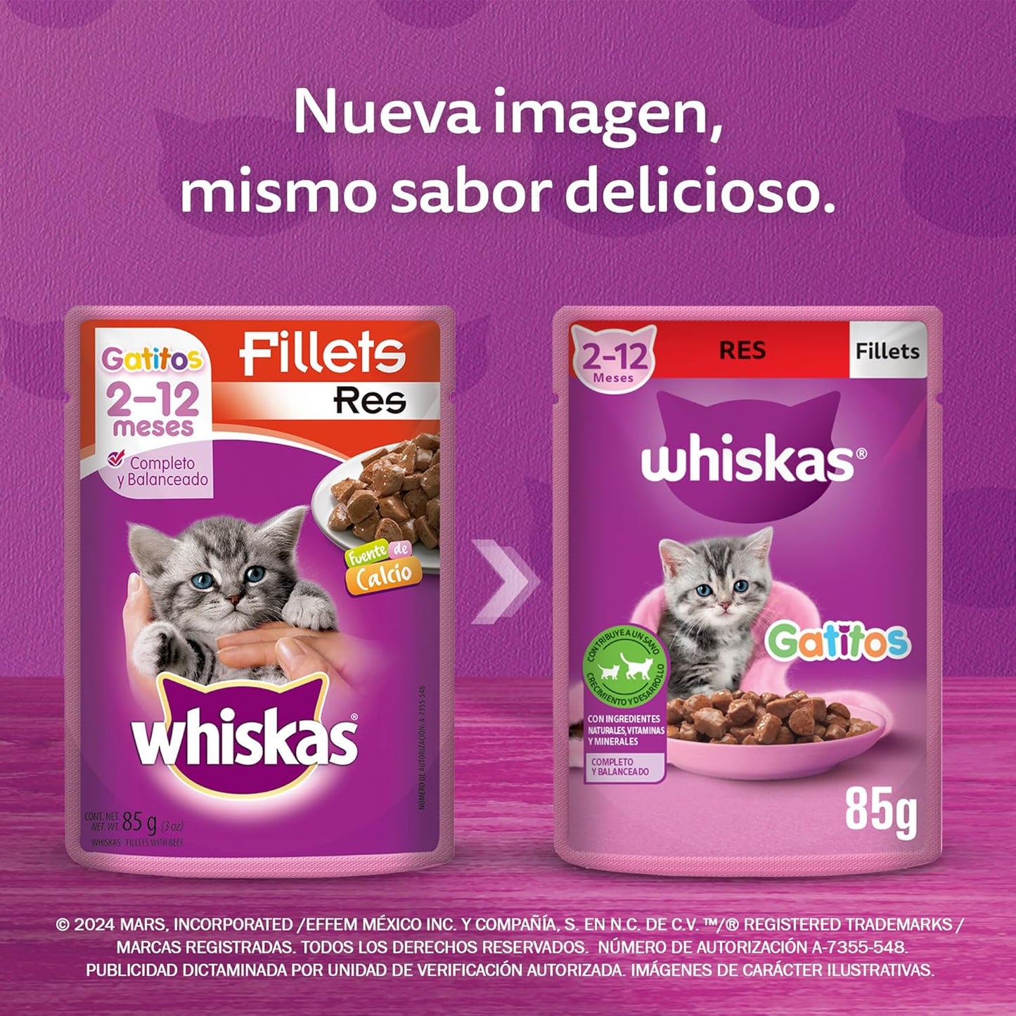 Whiskas Alimento Húmedo para Gatitos, Sabor Res, 85g c/u. Paquete de 24 Unidades
