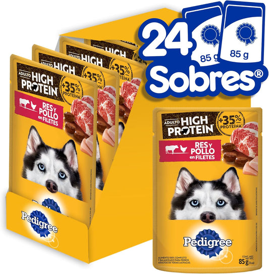 Pedigree - High Protein Alimento para Perro Adulto, Sabor Res y Pollo, 24 Sobres, 85g c/u, con Proteína, Antioxidantes y Vitamina E