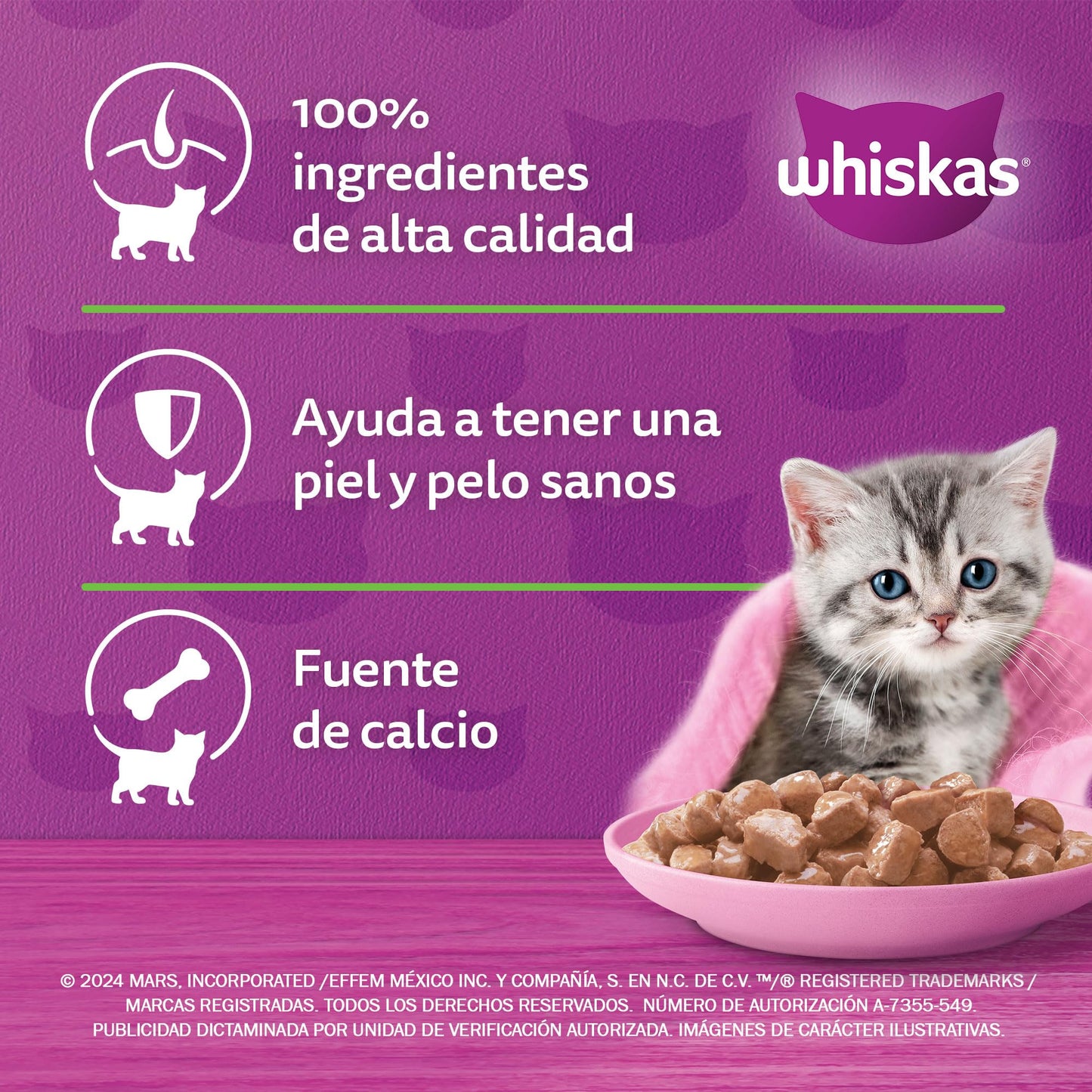 WHISKAS - Alimento Húmedo para Gatitos, Sabor Atún, con Proteína, Zinc, Vitamina E y Fibra, 24 Sobres para Gato, 85 gr. c/u