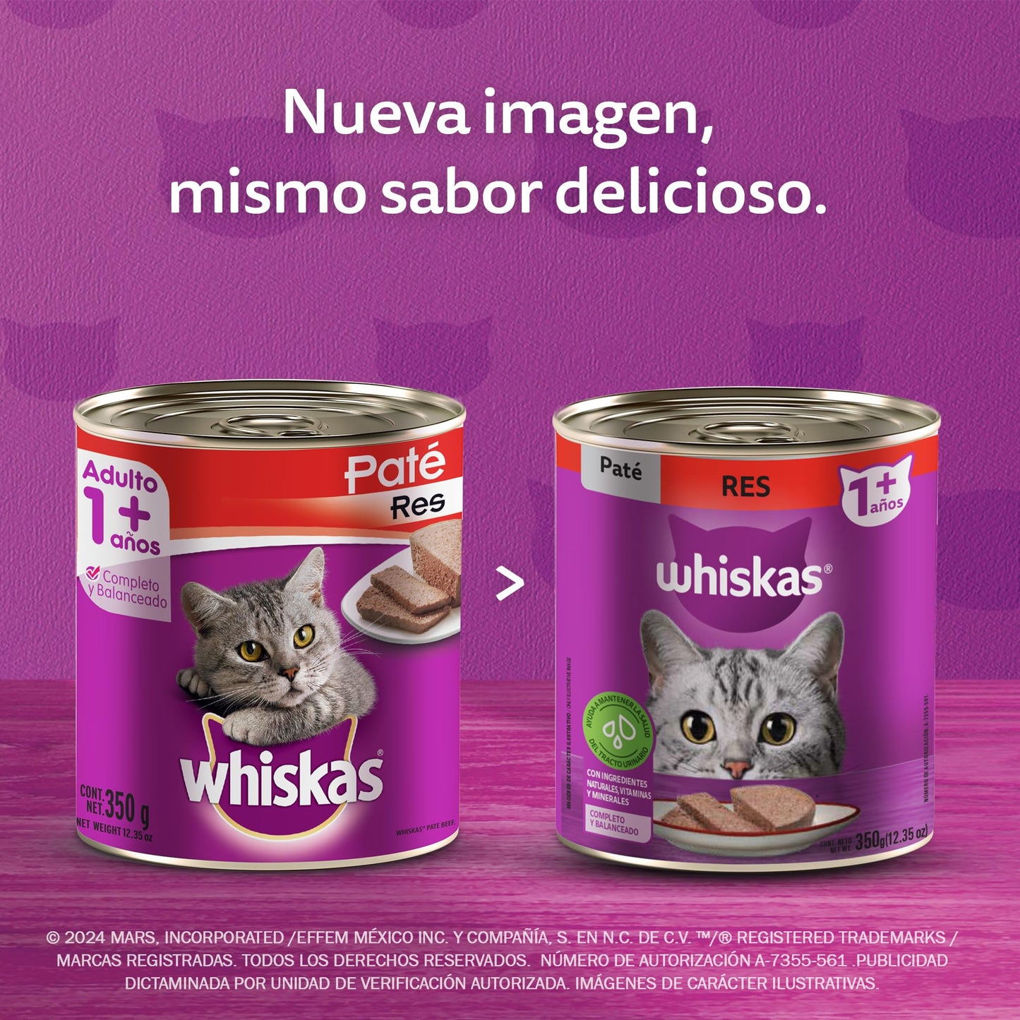 WHISKAS - Alimento para Gato Adulto en Lata, Sabor Atún, Vitamina A y Taurina, Paquete de 24 Piezas, 350g c/u,