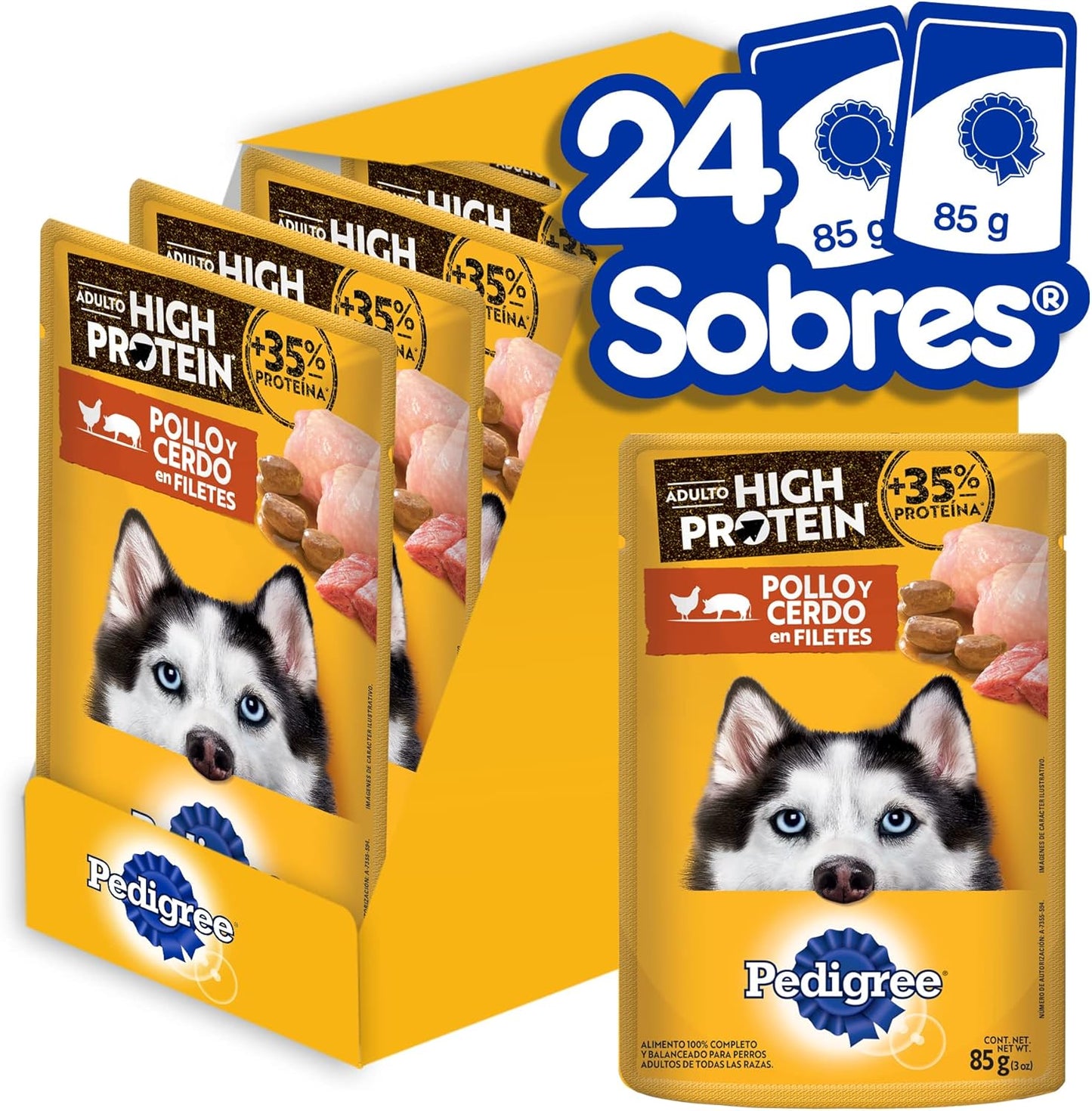 Pedigree - Sobres para Perro High Protein, Adultos Sabor Pollo y Cerdo, Omega 6, Zinc, 24 Sobres 85g c/u