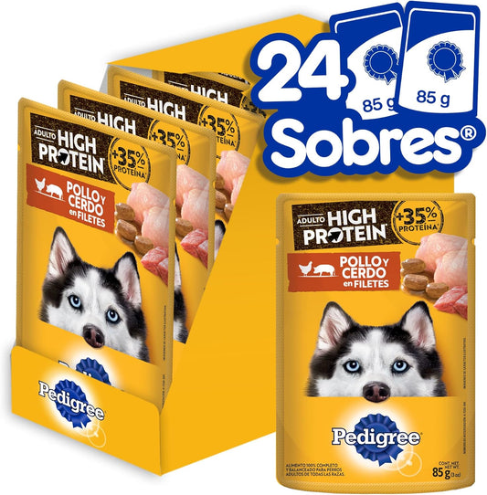 Pedigree - Sobres para Perro High Protein, Adultos Sabor Pollo y Cerdo, Omega 6, Zinc, 24 Sobres 85g c/u