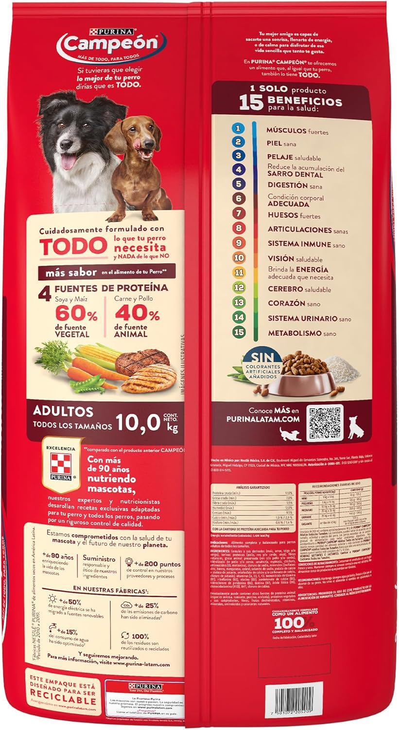 Purina Campeón Adulto Todos los Tamaños Sabor Pollo, Carne y Vegetales 10Kg